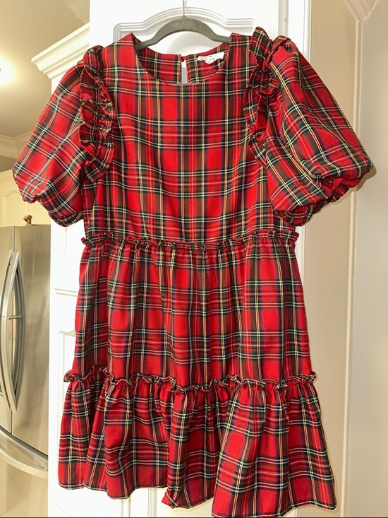entro Red Plaid Puff Sleeve Tiered Mini Dress